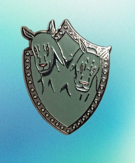 2 headed dog shield enamel pin