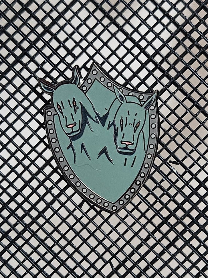 2 headed dog shield enamel pin