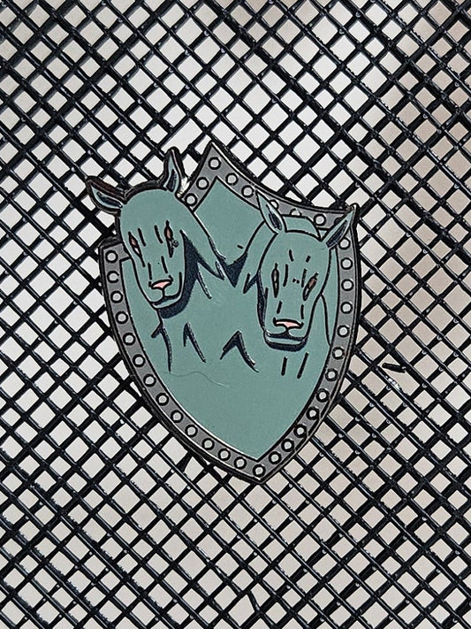 2 headed dog shield enamel pin