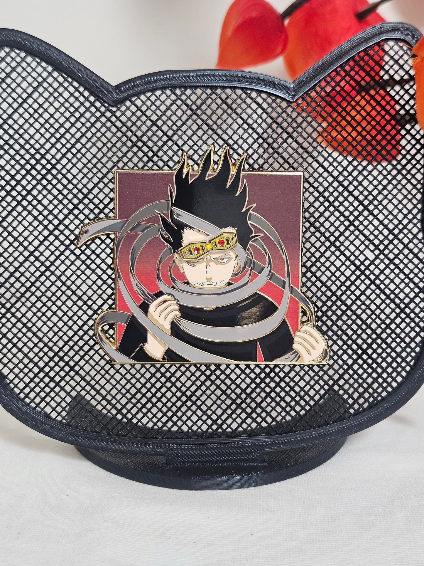 Aizawa enamel pin with magnetic goggles